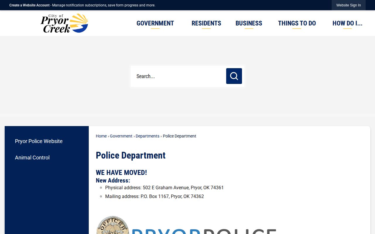 Pryor Creek Police Department official contact source for Rogers County arrest records