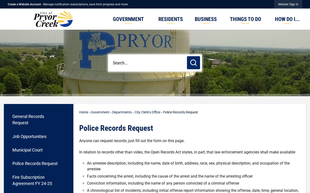 Pryor Creek official police records request source for arrest records