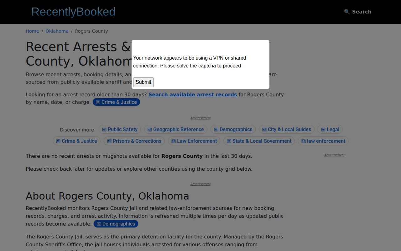 Unofficial Rogers County booking-record index at RecentlyBooked