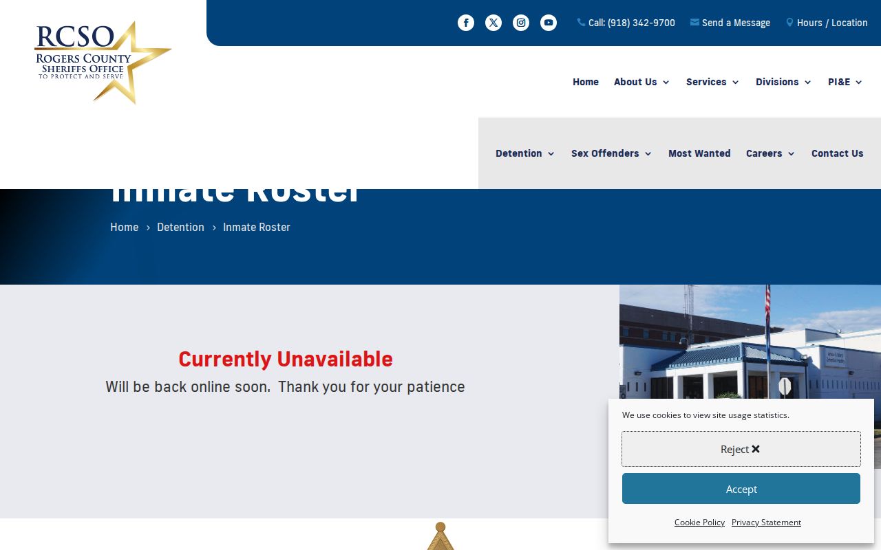 Rogers County inmate roster status for current and release records