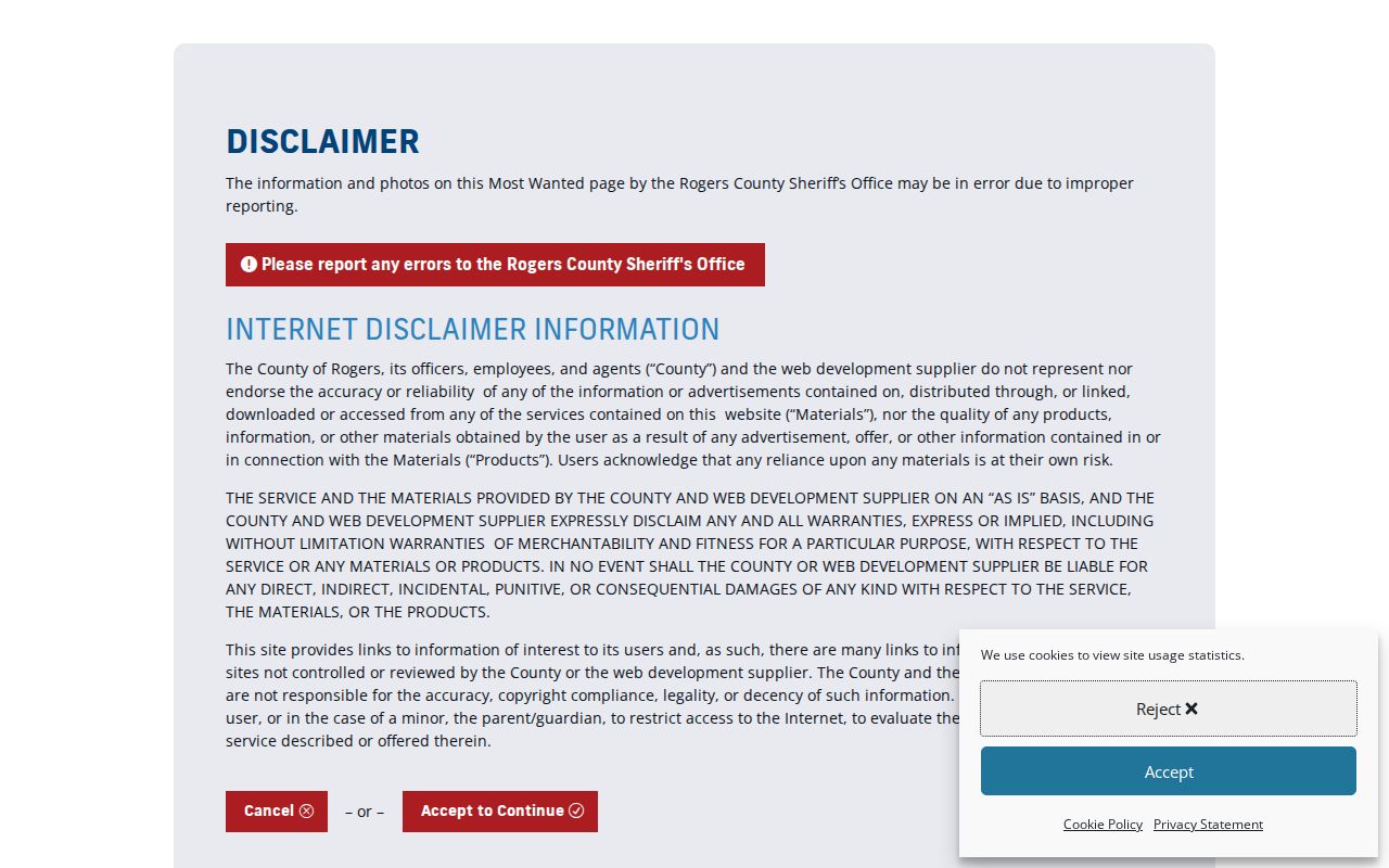 Rogers County wanted-list disclaimer for warrant information